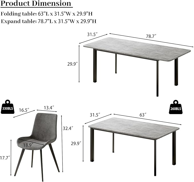 63"- 78.7" Extendable Dining Table Set for 8, Modern Kitchen Table with Dining Chairs for 6-8 Person, Thickened Expandable MDF Wooden Table with Metal Legs for Dining Room, Kitchen