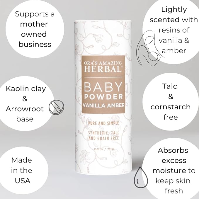 Ora's Amazing Herbal Baby Powder Talc-Free, Real Vanilla Amber Natural Scent, Cornstarch Free Arrowroot and Clay Based Powder, 2.5 oz