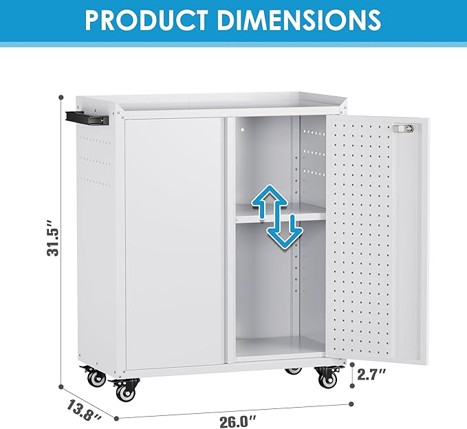Steel Garage Storage Cabinet with Wheels and 2 Lockable Doors, Metal Storage Cabinet with Pegboard and Hooks for Garage,Home,Warehouse,Assembly Required,White,13.8" D x 26" W x 31.5" H