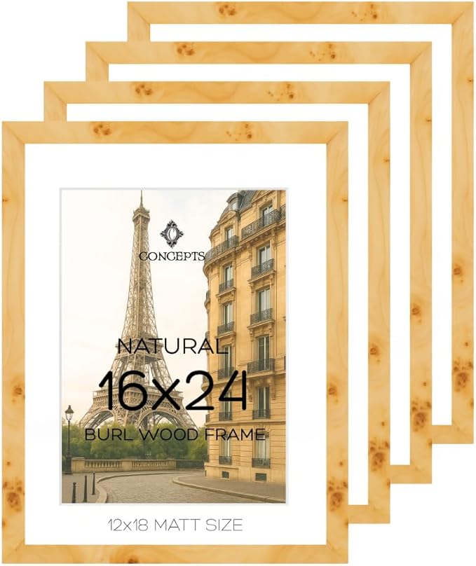Concepts Set of 4 16X24 Burl Wood Picture Frames with Matt (12X18), Natural Wood Finish, Eco-Friendly Packaging – Elegant Wallhung Decor for Family Photos