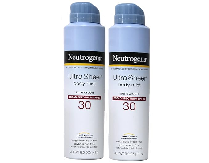 Neutrogena Ultra Sheer Body Mist Fullreach Sunscreen Spray Broad Spectrum SPF 30, Lightweight & Water Resistant, Oil-Free & Non-comedogenic, 5 oz (Pack of 2)