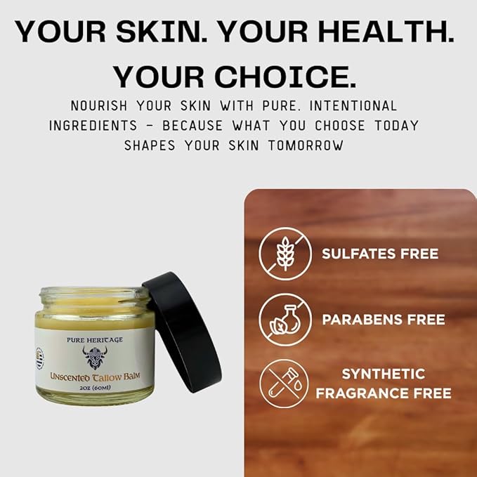 Pure Heritage Handmade Tallow Balm – Unscented Grass-Fed & Finished Moisturizer & Healing Cream | Natural Care for Sensitive Skin, Eczema, Rosacea, Babies, Men & Women (4oz)