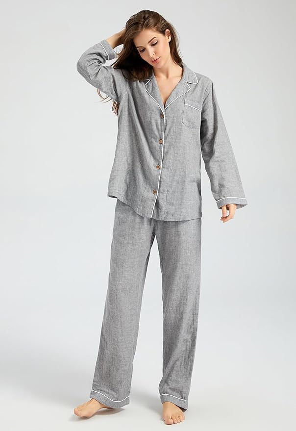 Womens Pajama Sets 100% Double Gauze Cotton Linen Like Muslin Pajamas Long Sleeve Button Down Sleepwear Soft Pjs Lounge Set