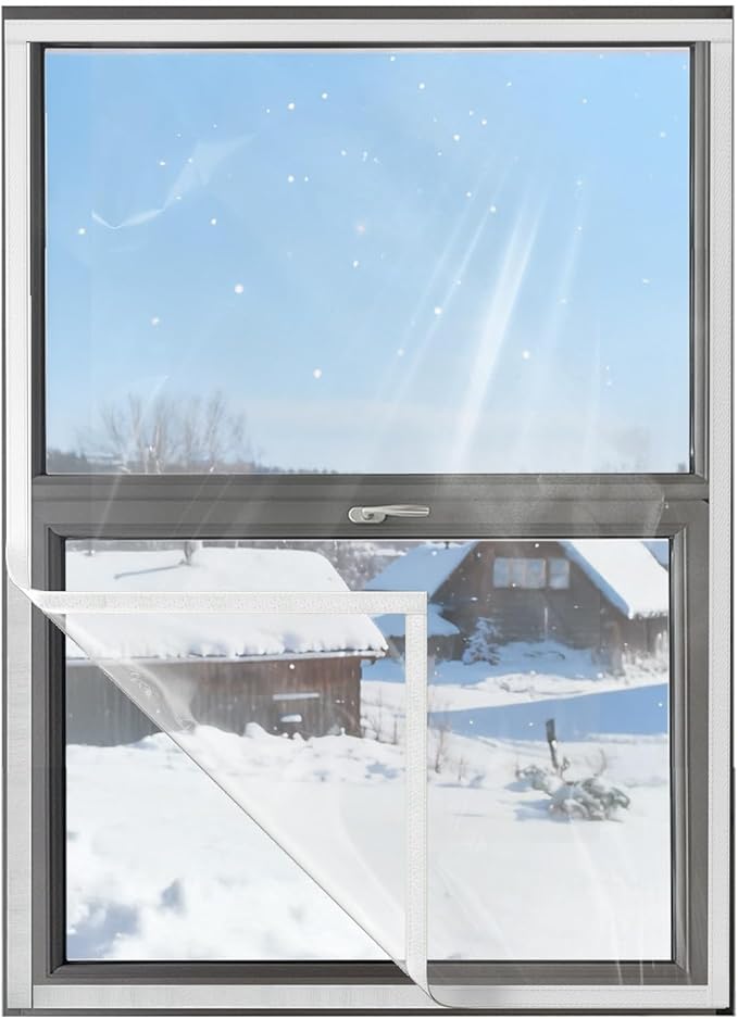 Ready-to-Install Plastic Window Insulation Film 39″×63″ (Fits 36″×60″ Windows), Reusable Clear Draft Protection Window Cover with Built-in Hook & Loop Edge, No Cutting or Messy Tape