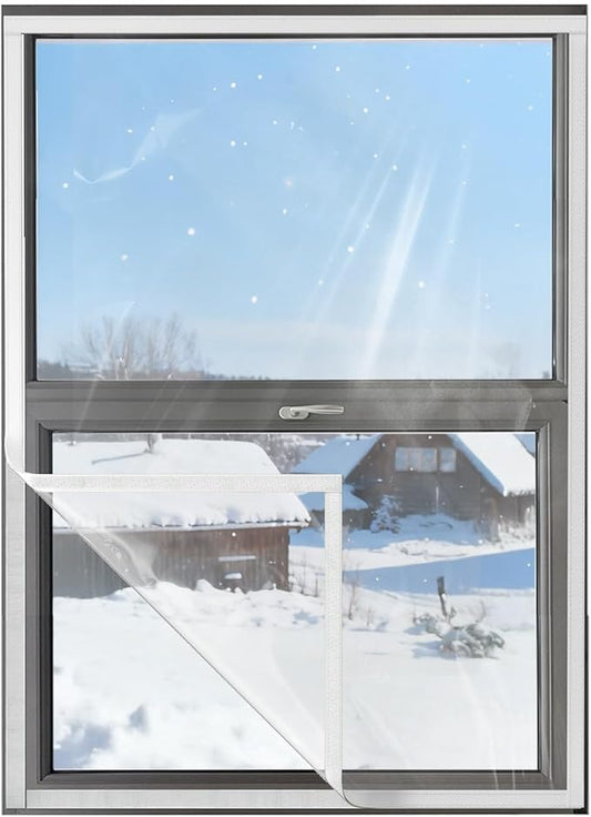 Ready-to-Install Plastic Window Insulation Film 47″×63″ (Fits 44″×60″ Windows), Reusable Clear Draft Protection Thermal Insulated Window Cover with Built-in Hook & Loop Edge, No Cutting or Messy Tape