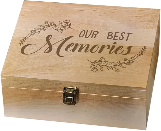 arricraft 1 Pc Wooden Memory Keepsake Box, Our Best Memories Box with Hinged Lids Keepsake Chest for Souvenirs Picture Letter Storage Gifts for Best Friends Lover on Birthdays Valentine's Day