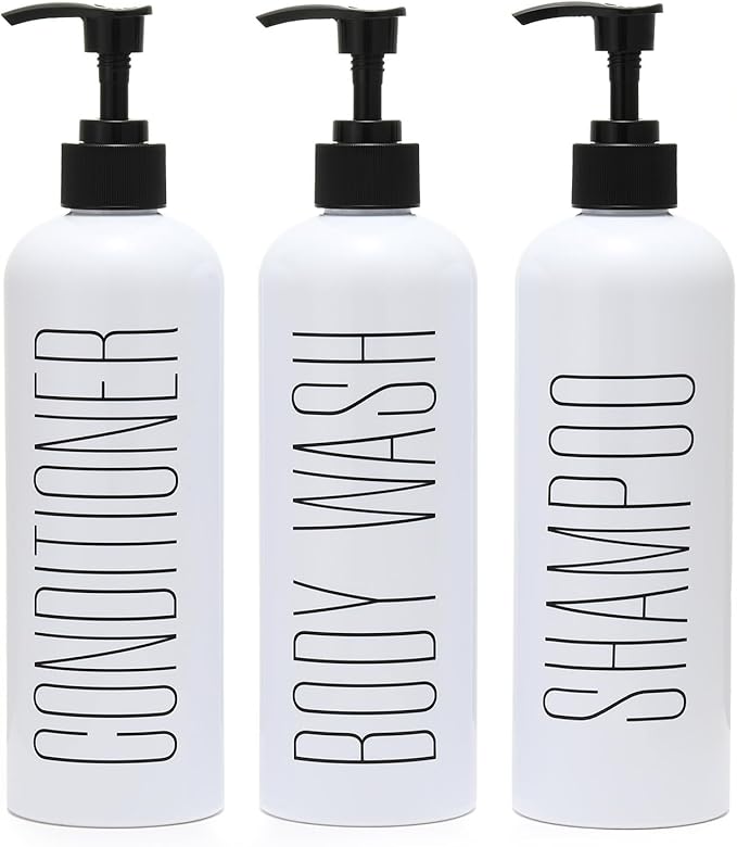 HOMCDALY Shampoo and Conditioner Dispenser, 16oz 3-Pack Refillable Pump Bottles, Shampoo Conditioner Body Wash Dispensers Bottles, Bathroom Shampoo Dispenser Set(White