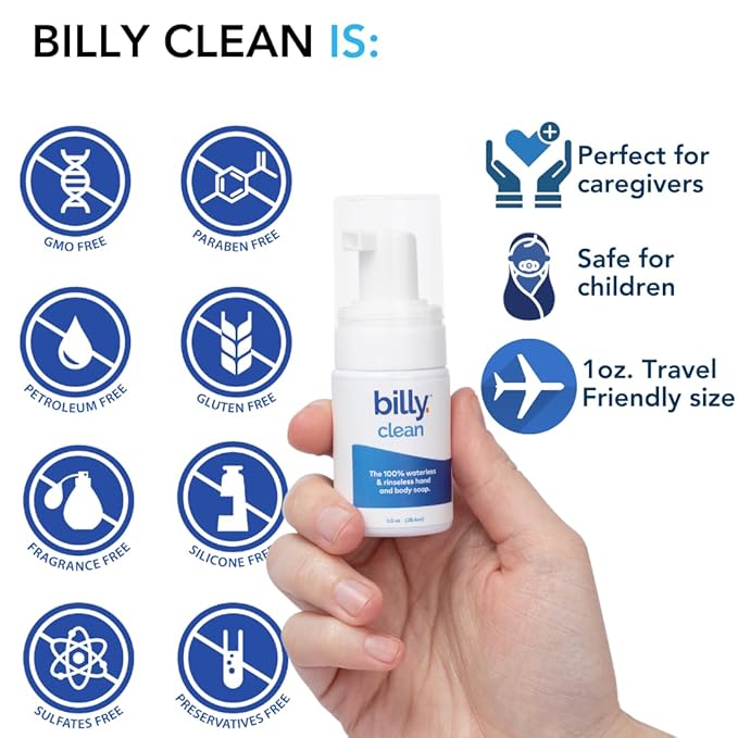 Billy Clean Little 3-pack 100% Natural No Rinse Waterless Soap, Hand and Body, Travel Size Foaming Hand Washer, Alcohol Free, Elderly and Kids