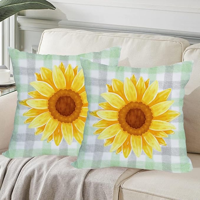 Fukeen 2 Pack Waterproof Sunflower Pillow Covers 18x18 Inch Green Buffalo Plaid Yellow Floral Throw Pillow Cases Spring Summer Holiday Farmhouse Decorations Double Sided Cushion Cover Outdoor