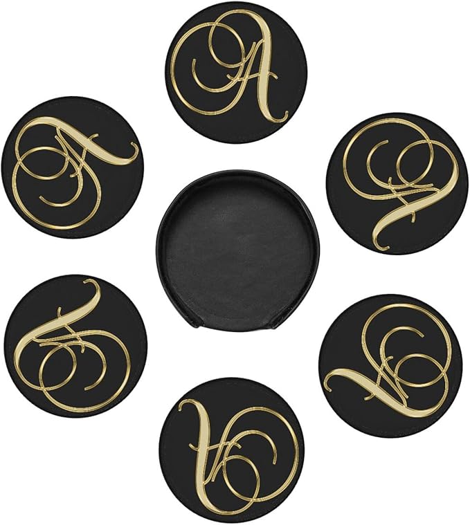Famame 6 Pcs Shiny Letter A Gold Print Leather Coasters for Drinks with Holder Coaster Sets Drink Table Cup Coasters for Living Room Kitchen Coffee Decor