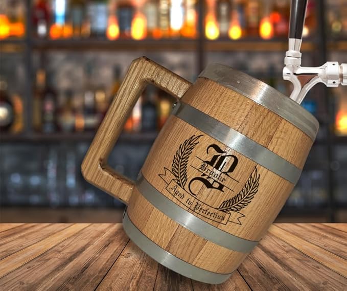 Personalized Oak Wood Barrel Beer Mug Tankard with Stainless Steel Interior - Engraved with Your Name