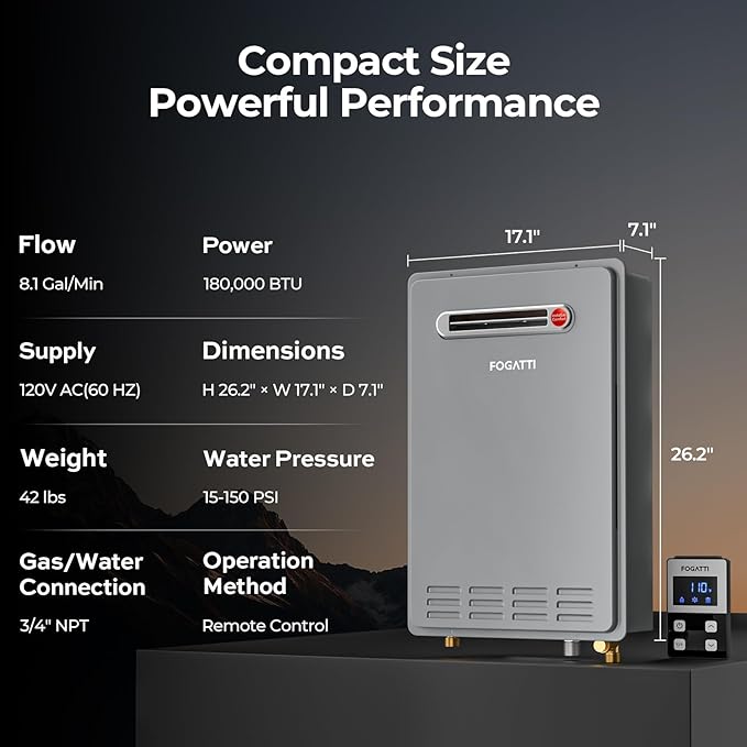 FOGATTI Natural Gas Tankless Water Heater Outdoor - Max 8.1 GPM 180,000 BTU, CSA Certified Compact Design On Demand Instant Hot Water Heater - Instagas Comfort 180S Series, New Upgraded