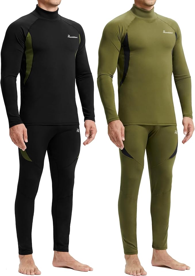 romision 2 Pack Thermal Underwear for Men Long Johns Fleece Lined Hunting Gear Bottom Top Set Base Layer Cold Weather XS-4XL