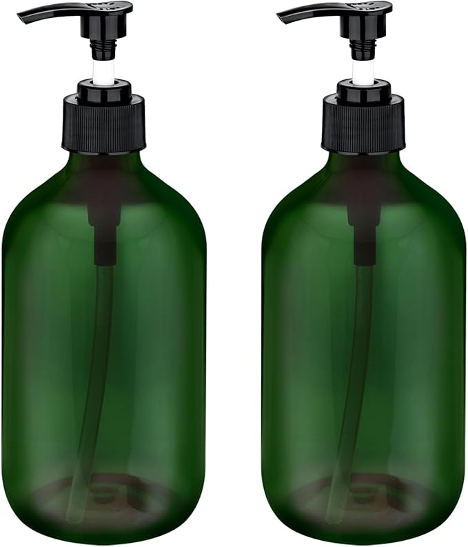 2 Pack Pump Bottles Dispenser 16.9 OZ 500ml Bathroom Countertop Pump Dispensers Refillable Plastic Containers for Lotion Shampoo Body Wash Hand Dish Soap Kitchen Accessories with Waterproof Labels