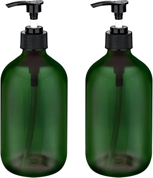 2 Pack Pump Bottles Dispenser 16.9 OZ 500ml Bathroom Countertop Pump Dispensers Refillable Plastic Containers for Lotion Shampoo Body Wash Hand Dish Soap Kitchen Accessories with Waterproof Labels