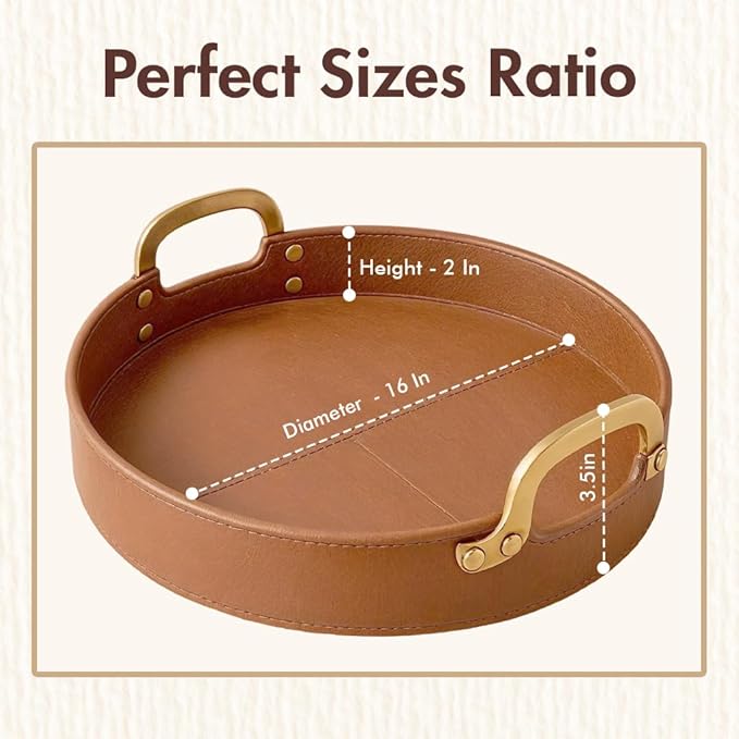 Stitched Round Leather Tray with Brass Handle Ideal for Serving Coffee Drinks Ottoman Tray for Office Home Kitchen Snack Counter Centerpiece Storage (Light Brown (16" x 16"))