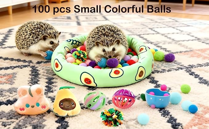 Hedgehog Accessories Dig Box Cage Set with Ball Toy, Cozy Bed, 100 Colorful Cotton Balls, Cute Hedgehog Enrichment Toys Hedgehog Supplies Ball Bell