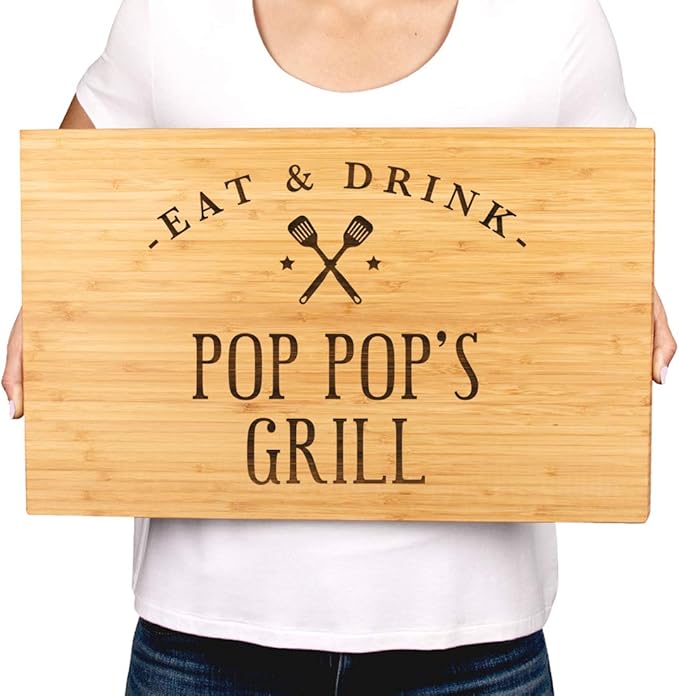 Andaz Press Large Bamboo Wood BBQ Cutting Board Gift, 17.75 x 11-inch, Pop Pop's Grill, 1-Pack, Laser Engraved Serving Chopping Board Christmas Birthday Chef Kitchen Ideas