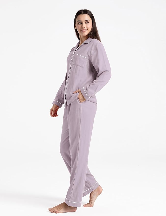 Womens Pajama Sets 100% Double Gauze Cotton Linen Like Muslin Pajamas Long Sleeve Button Down Sleepwear Soft Pjs Lounge Set