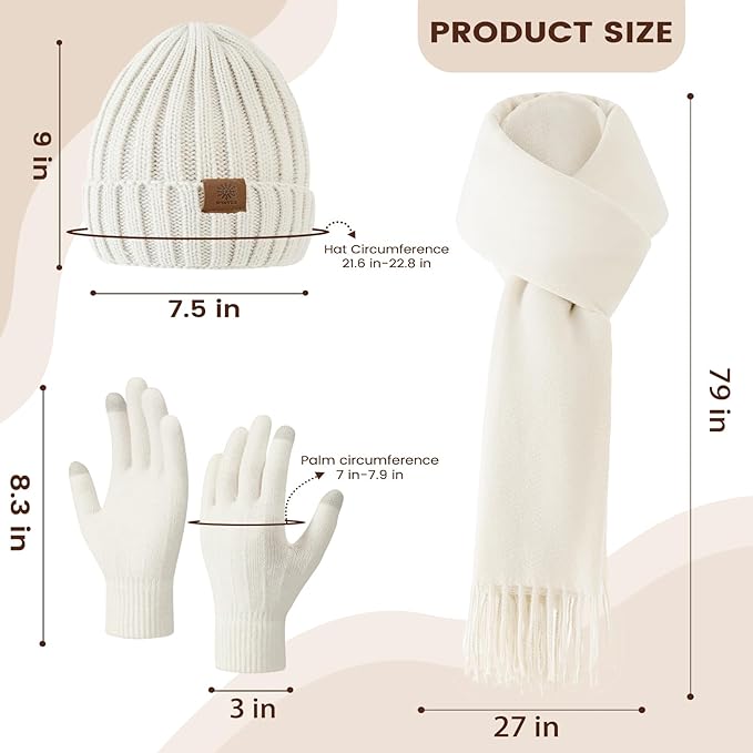 Women Winter Hat Beanie+Long Scarf+Touch Screen Gloves Set, Warm Clothes Set with Knit Fleece Lined for Women/Men Winter