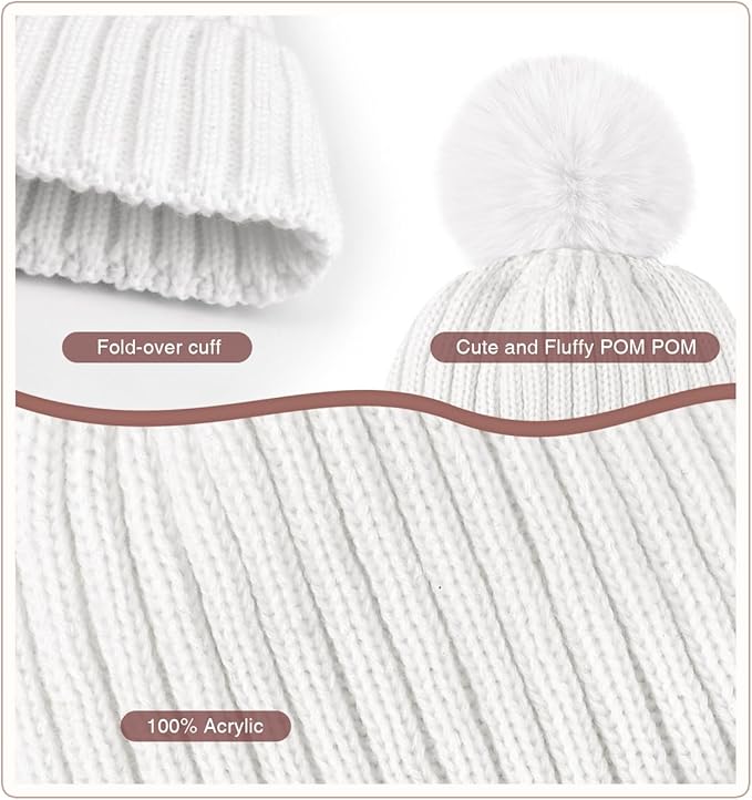 Womens Winter Beanie Hat Gloves Set,Fleece Lined Warm Knit Pom Pom Ski Hat Touchscreen Gloves Set Gifts for Cold Weather
