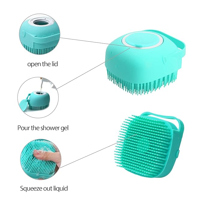 Pet Grooming Bath Massage Brush with Soap and Shampoo Dispenser Soft Silicone Bristle for Long Short Haired Dogs Cats Shower (Yellow)