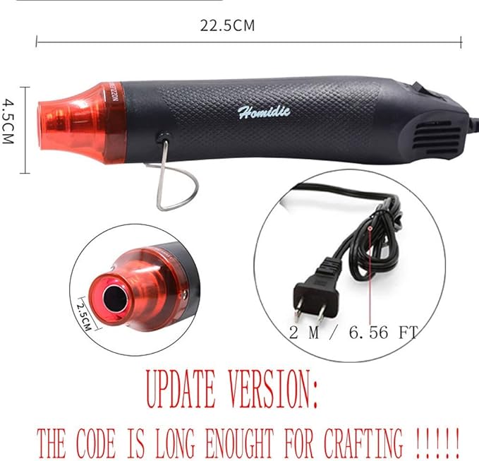6.56FT Long Heat Gun, Uptdae Version Homidic Mini Handheld Hot Air Gun, Electric 300W Portable Heat Gun for DIY Craft Embossing, Shrink Wrapping PVC, Drying Paint, Clay, Rubber Stamp