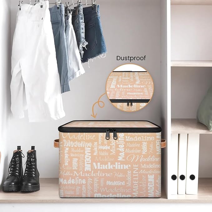 Custom Storage Basket with Name, Personalized Keepsake Box with Zipper Lid, Foldable Fabric Memory Bin Large capacity with Handle Apricot