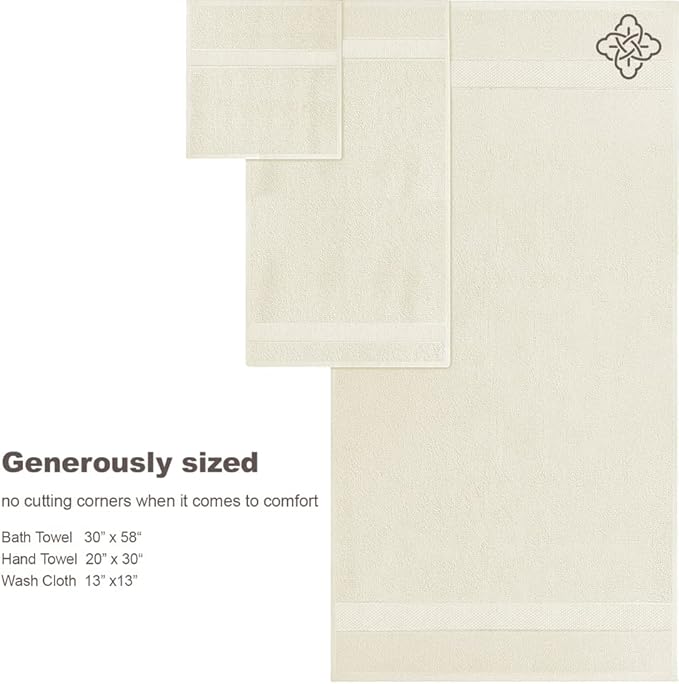 BIOWEAVES 100% Organic Cotton 700 GSM Plush 6-Piece Towel Set GOTS Certified, 2 Bath Towels, 2 Hand Towels & 2 Washcloths - Ivory