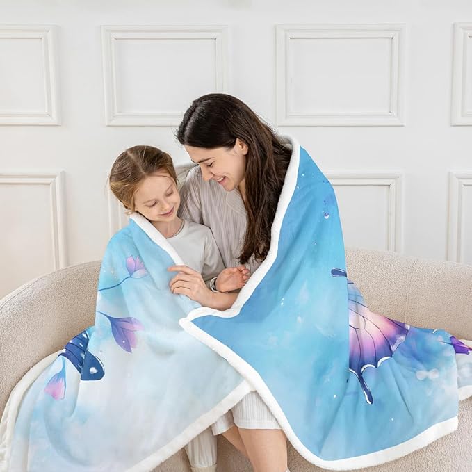 Feelyou Blue Butterfly Fleece Throw Blanket Throw 50"x60" Kids Girls Sherpa Blanket Plush Fuzzy for Bed Couch Chair Living Room, Watercolor Bed Blanket Chic Gorgeous Room Decor