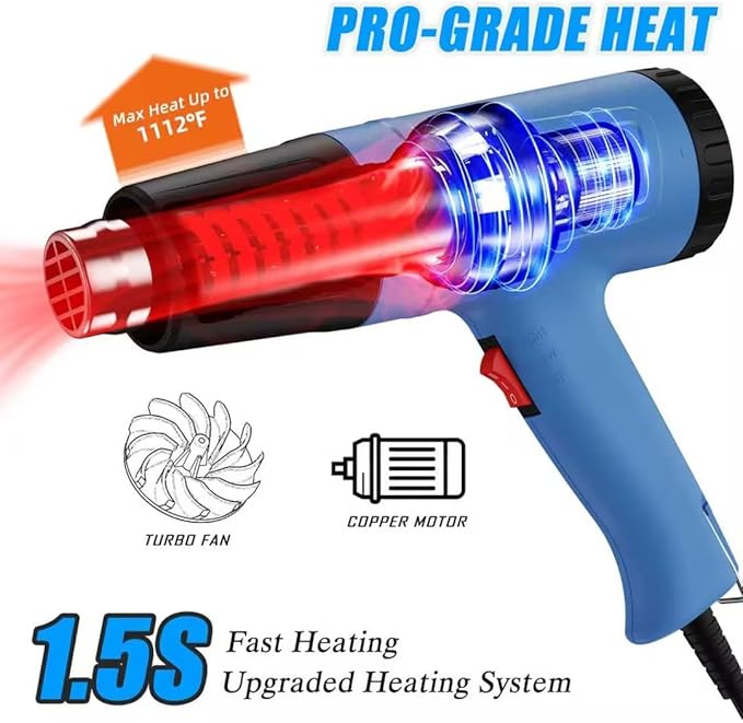 Adjustable Temperature Heat Gun 112 and 1202 ℉ Dual Temperature control fast heating Soldering Heat Guns, with 4 nozzle overload protection, suitable for shrink tubing, shrink packaging, candle making