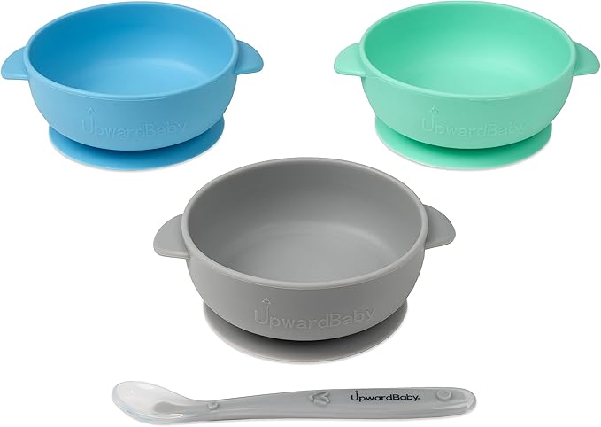 UpwardBaby Silicone Baby Bowls & Spoon Set - 4-Piece Set, Gray, Mint & Blue - Suction Bowls for Baby & Toddler, Dishwasher & Microwave Safe, Self-Feeding Spoon