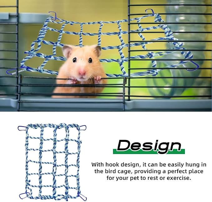 2 Pcs Rat Climbing Ropes for Cage - Rat Accessories - 12.6 x 9.84 inch Hammock - Cotton Rope Bridge - Bird Ladder with 4 Silver Hooks (Blue)