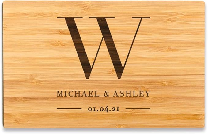 Andaz Press Personalized Laser Engraved Small Bamboo Wood Cutting Board, 9.5 x 6-inch, Monogram with Names and Date, Custom