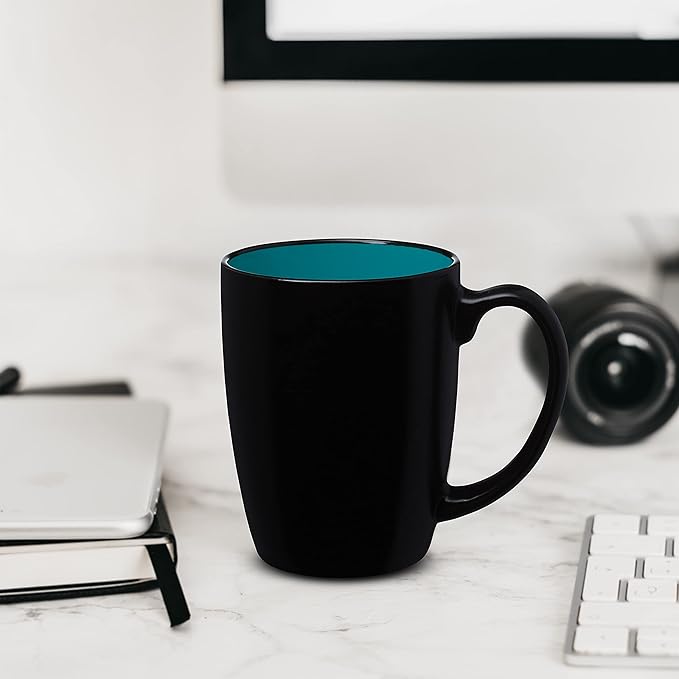 DISCOUNT PROMOS 10 Java Two Tone Coffee Mugs Set, 12 oz. - Stoneware, Durable, Easy Grip - BLACKTEAL