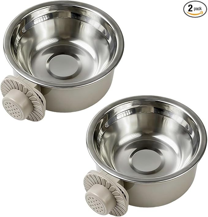 2Pcs Pets Lightweight Stainless Steel Bowl,Removable Stainless Steel Pet Hanging Food Water Feeder Bowl for Puppy Dog Cat Rabbit Ferret Bird Gunea Pigs (Gray-Medium)