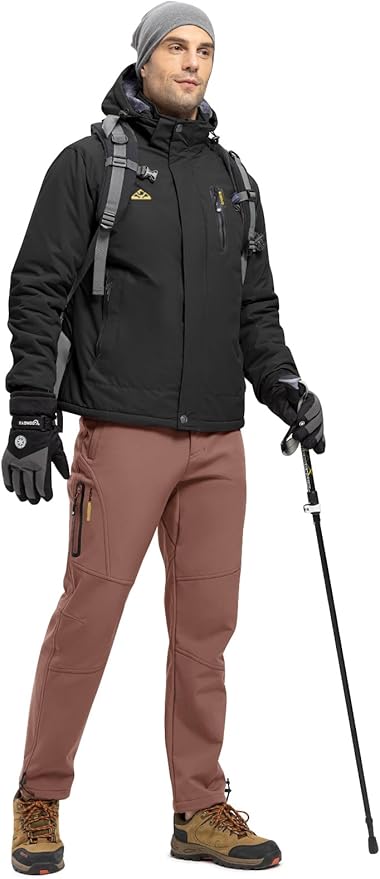 TBMPOY Men's Snow Pants Fleece Lined Hiking Winter Waterproof Softshell Ski Outdoor Insulated Climbing Pants Zipper Pockets