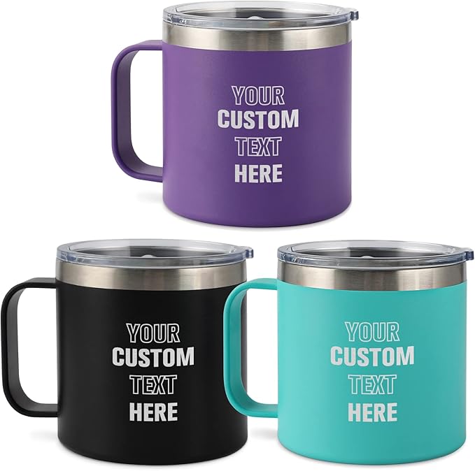 Personalized Insulated Coffee Tumbler - 14oz Engraved Stainless Steel Coffee Mug - Personalized Travel Mug with Handle and Lid - Ideal Customized Gift for Women, Men, Friends