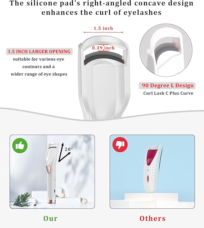 Heated Eyelash Curler Premium PRO - Fast Heat up in 8s - 24 Hours Long Lasting - Rechargeable Electric Eyelash Curler with Type-C, Innovative L Silicone, 2 Heat Modes, Anti-Burn Eyelid, White-FC
