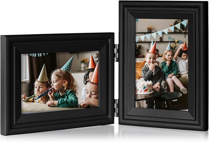 4x6 Double Hinged Picture Frame Folding Photo Frame Horizontal and Vertical in Black Pine Wood with Real Glass for Tabletop X2-HEI-HS46