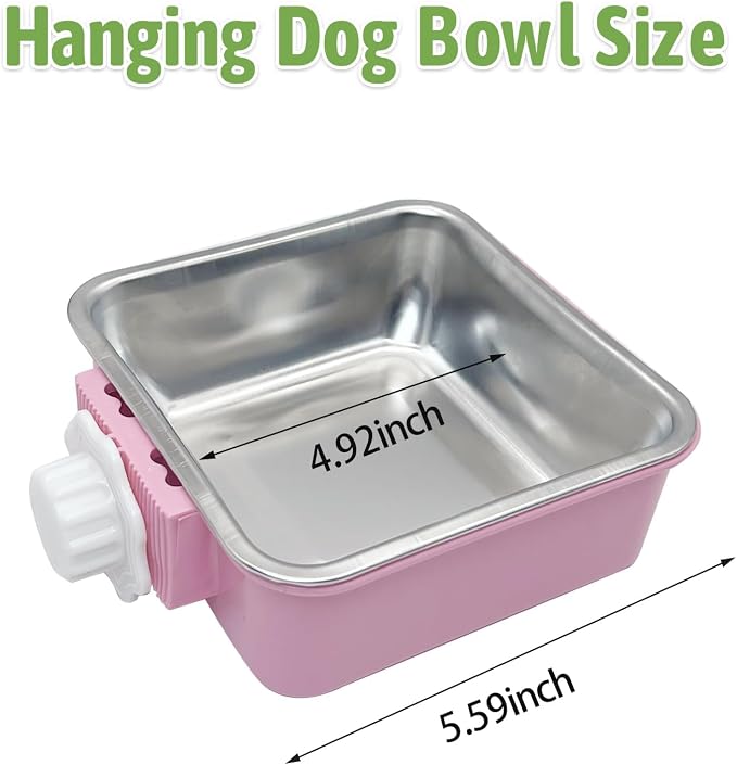 kathson Crate Dog Bowl, Removable Stainless Steel Hanging Pet Kennel Cage Bowl Food & Water Feeder Coop Cup for Puppy, Cat, Rabbit,Guinea Pigs 2pcs Large Square(Blue,Pink) (Pack of 2)