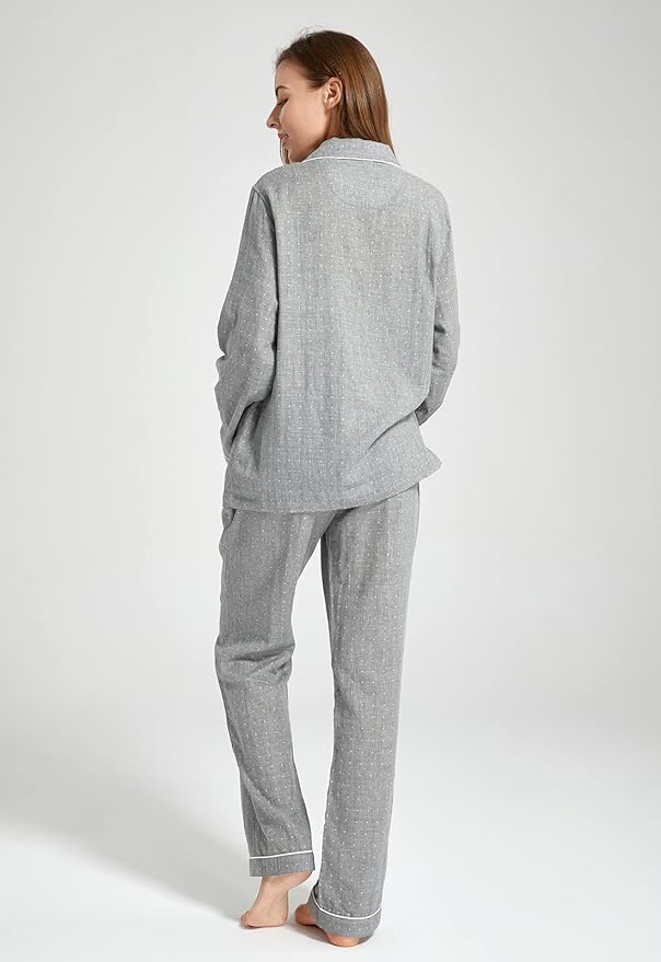 Womens Pajama Sets 100% Double Gauze Cotton Linen Like Muslin Pajamas Long Sleeve Button Down Sleepwear Soft Pjs Lounge Set
