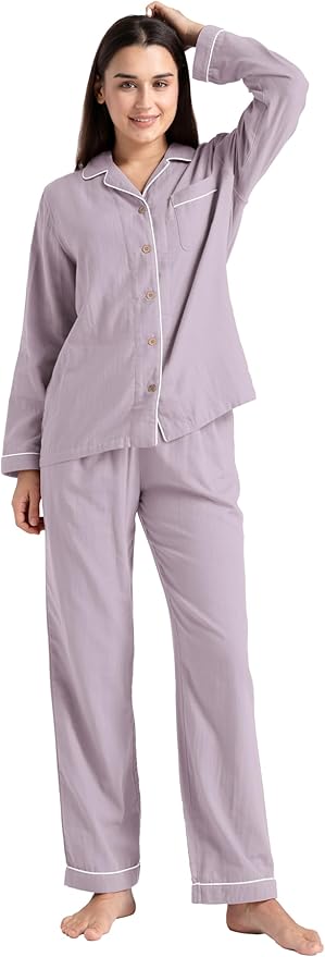Womens Pajama Sets 100% Double Gauze Cotton Linen Like Muslin Pajamas Long Sleeve Button Down Sleepwear Soft Pjs Lounge Set