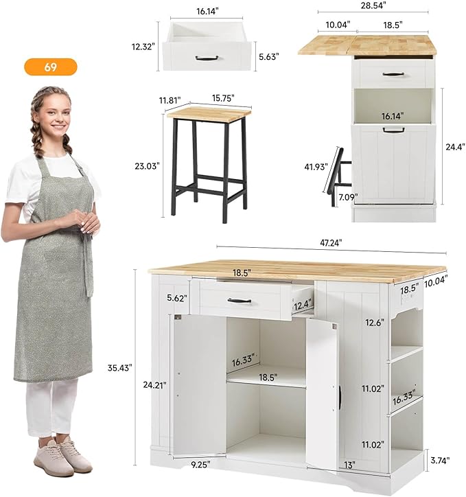 ONBRILL Stationary Kitchen Islands Include 2 Chairs, 47" Kitchen Island with Drop Leaf, Home Bar Table with Spice Rack & with Trash Cabinet, Island Table for Dining Room with Power Outlet, White