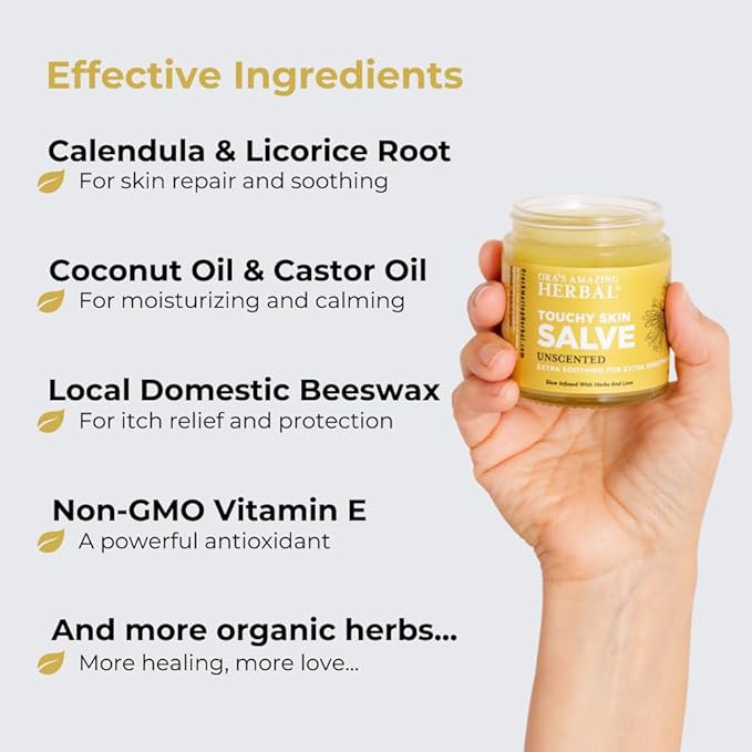 Touchy Skin Salve Eczema Cream for Kids and Adults Natural Sensitive eczema Treatment Itch Cream Calendula Ointment For dry body Fragrance Free Ora's Amazing Herbal 1 and 4 oz Set