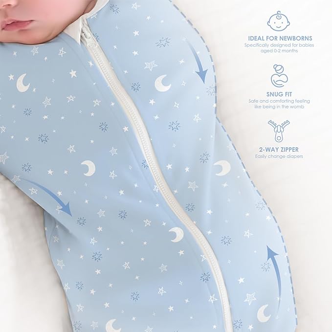 Baby Swaddle 0-2 Months, Cotton Arm-In Zipper Sleep Sack, Wearable Blankets Wrap for Newborn Infant Girls, Boys (Elephant, Star Moon, Pack of 2)