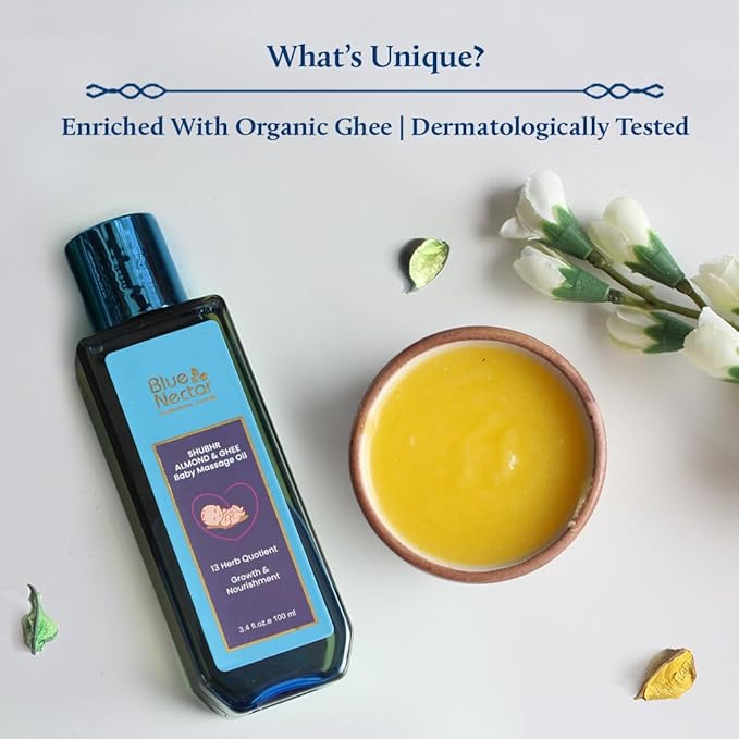 Blue Nectar Ayurveda Gentle Baby Oil for Newborn Skin Care -Moisturizing Baby Massage Oil for Dry Skin &Scalp Moisturizer| Soothing with 100% Natural Coconut Oil & Organic Ghee (13 Herbs, 3.38 Fl Oz)