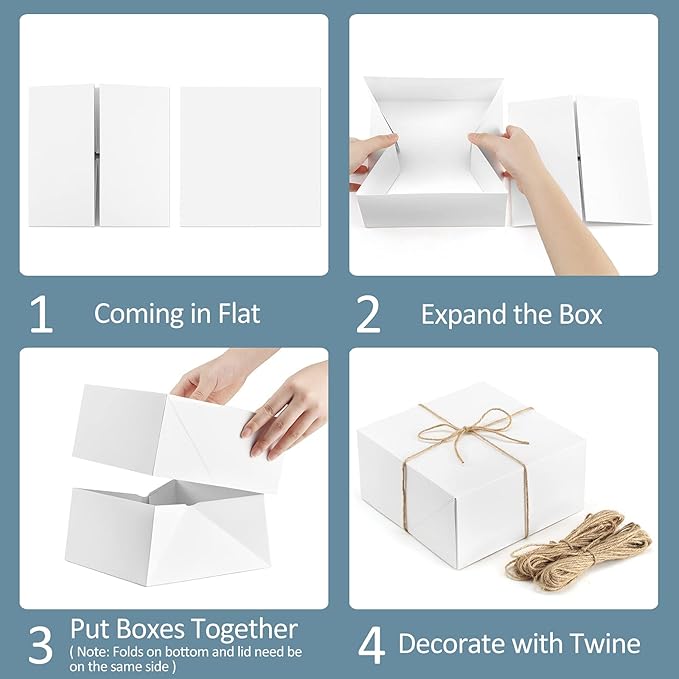 ValBox Premium Gift Boxes 10 Pack 8 x 8 x 4 White Paper Gift Boxes with 20 Meters Hemp Rope for Christmas Gifts, Bridesmaid Proposal Boxes, Easy Assemble Boxes