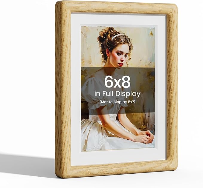 6x8 Picture Frame Natural Oak Wood From California-USA with Real Tempered Glass, Handcrafted 8 x 6 Photo Frame Matted to 5x7 Wedding Photo,Family Picture,Graduation Picture Display on Table & Wall