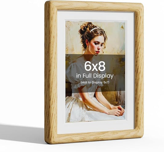6x8 Picture Frame Natural Oak Wood From California-USA with Real Tempered Glass, Handcrafted 8 x 6 Photo Frame Matted to 5x7 Wedding Photo,Family Picture,Graduation Picture Display on Table & Wall
